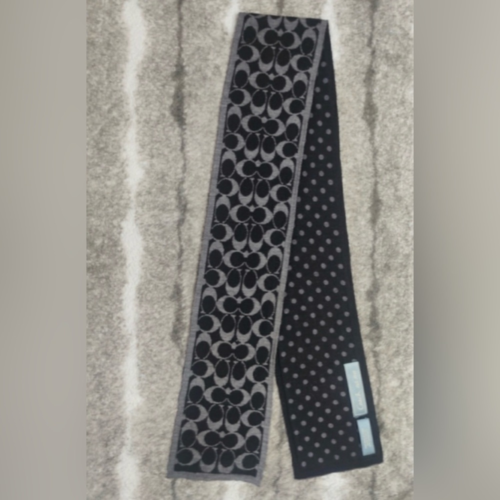 Coach Reversible Signature Monogram C & Polka Dot Merino Wool Scarf Black/Grey